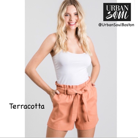 Linen Blend Paperbag Shorts w/Tie Waist-Terracotta - Picture 2 of 4
